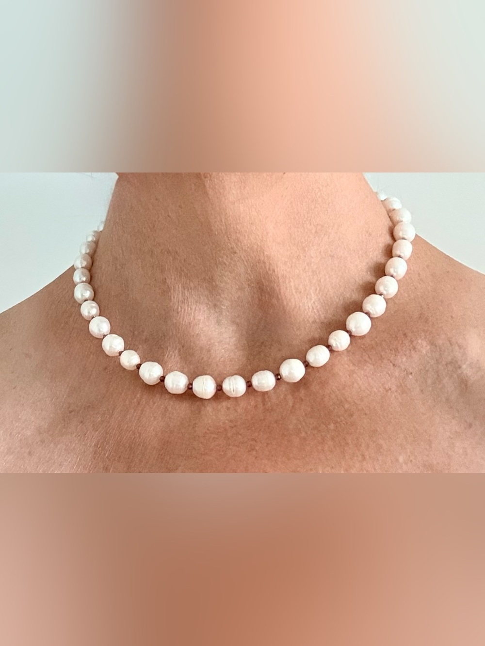 Classic White Biwa Pearl Necklace with Garnet Accent Beads